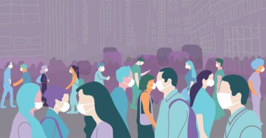 Kalabalık kalabalık bir şehir caddesinde çoban salgını sırasında maskeyle yürüyor. Sosyal medya blog posteri için kavramsal vektör el çizimi. Monokrom renk pastel