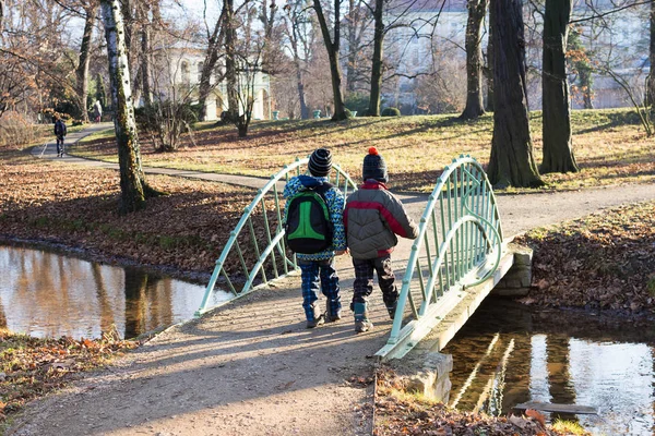Kinderen lopen over brug in park — Stockfoto