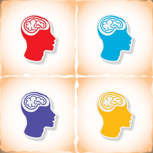 Human brain in head. Flat sticker with shadow on old paper — Stock Vector