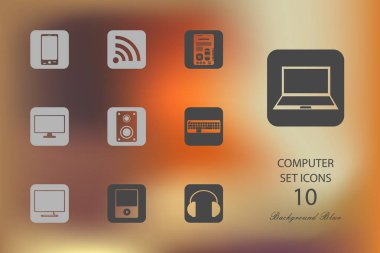 Bilgisayar. Arka plan bulanık üzerinde düz simgeler kümesi