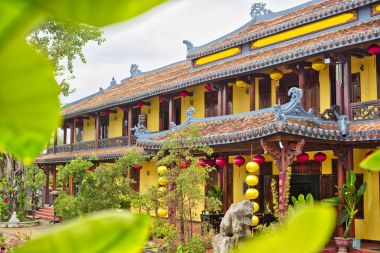 Budist tapınağı bahçesinde küçük bonsai ağacıyla.