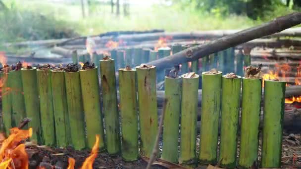 Nourriture Thaïlandaise Riz Glutineux Rôti Dans Des Joints Bambou — Video