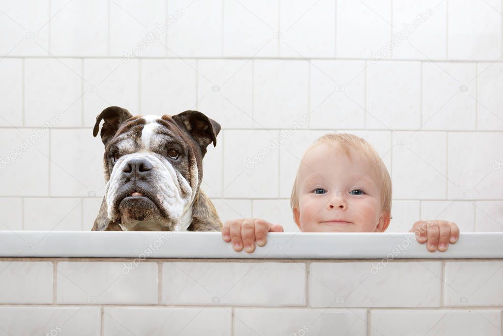 child and dog in the bathtub
