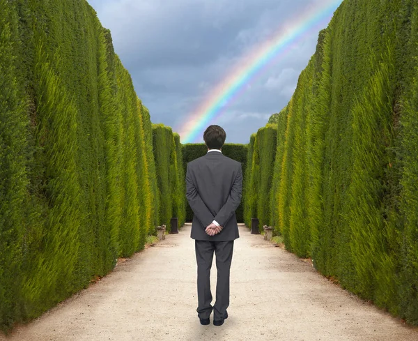 Jungunternehmer schaut dem Regenbogen zu — Stockfoto