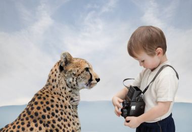Genç fotoğrafçı ve büyük kedi