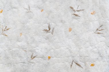 Buruşmuş Japon kağıt (Washi) üst görünümü. Yerel lif kullanan kağıt, elle işlenir ve geleneksel şekilde yapılır. Yaprakları ve yaprakları ile dekore edilmiştir. Kağıt arka plan, Kağıt dokusu.