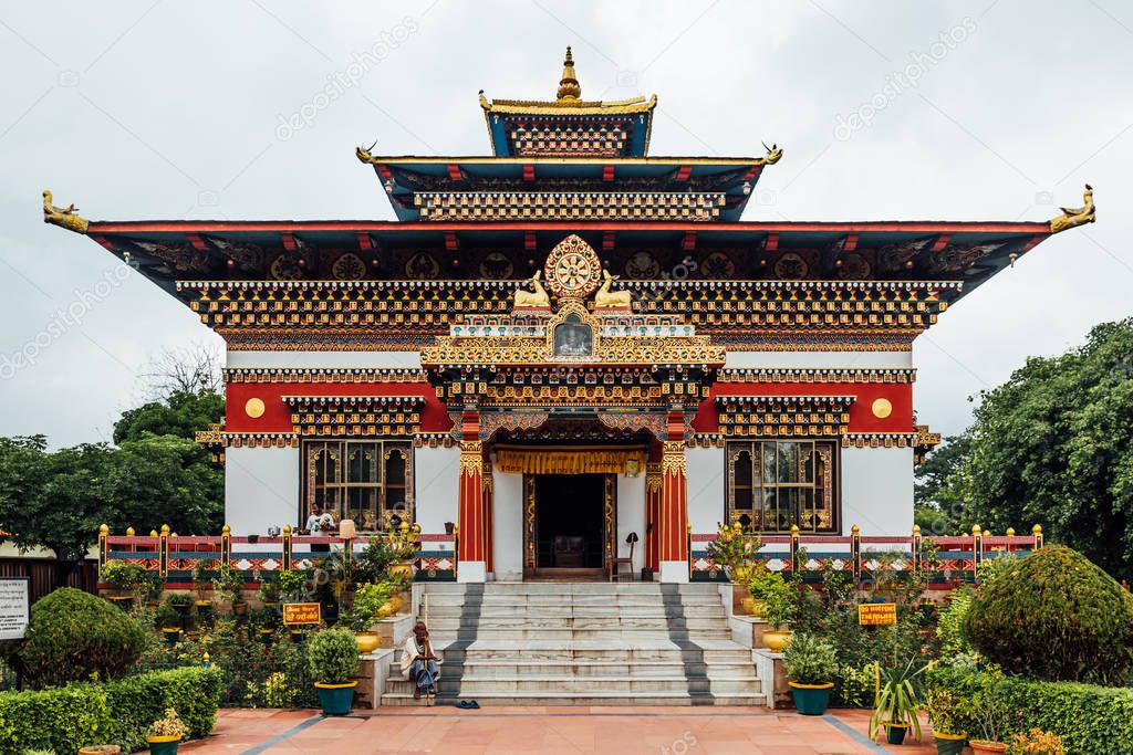 Colorful decorated facade in Bhutanese style of The Royal Bhutanese Monastery with copy space in Bodh Gaya, Bihar, India.