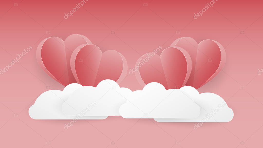 Folded heart shapes floating over the cloud with gradient pink background. Vector graphic. Valentines day graphic.