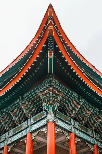 Detail of National Theater Hall of Taiwan roof by the main gate on the right at National Taiwan Democracy Square of Chiang Kai-Shek Memorial Hall, travel destination in Taipei, Taiwan.