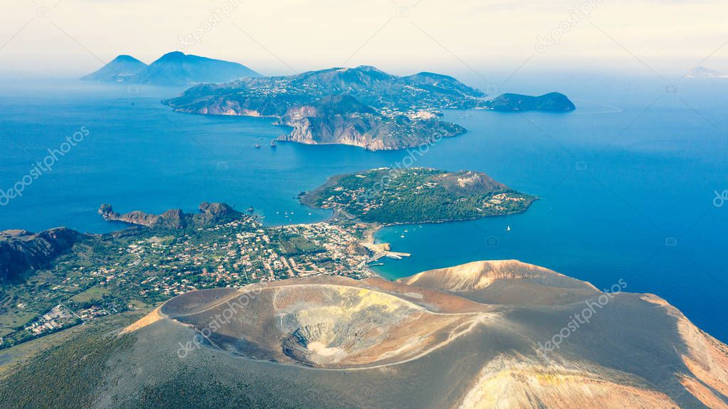 Aerial view photo from flying drone of Amazing grand Vulcano crater with fumaroles on Island of Vulcano, into Lipari ,Eolie Islands. Panoramic View of crater taken Italy, Sicily (series)