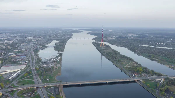 Vue Aérienne Des Ponts Riga Rivière Daugava Tour Télévision Des — Photo