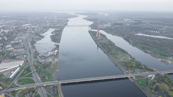 Vue Aérienne Des Ponts Riga Rivière Daugava Tour Télévision Des — Photo