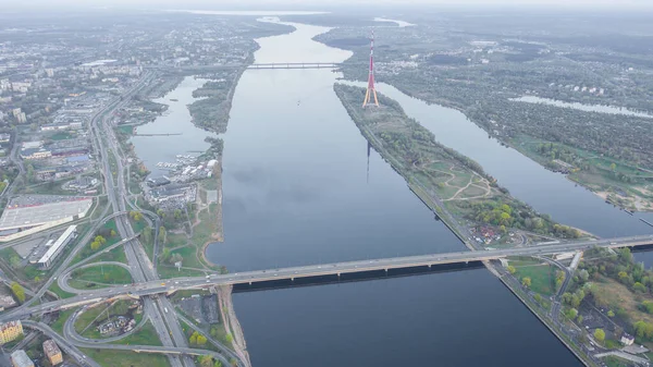 Vue Aérienne Des Ponts Riga Rivière Daugava Tour Télévision Des — Photo