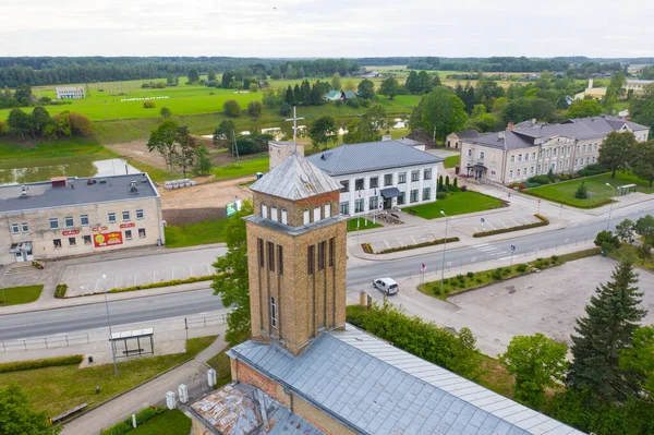 Bela Vista Aérea Foto Drone Voador Panorâmico Akniste Letónia Igreja — Fotografia de Stock