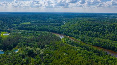 Sigulda 'nın güzel ormanları, çayırlar ve akan Gauja nehri üzerinde uçan dron' dan panoramik hava manzaralı fotoğraf. Sigulda, Letonya yazın)