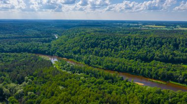 Sigulda 'nın güzel ormanları, çayırlar ve akan Gauja nehri üzerinde uçan dron' dan panoramik hava manzaralı fotoğraf. Sigulda, Letonya yazın)