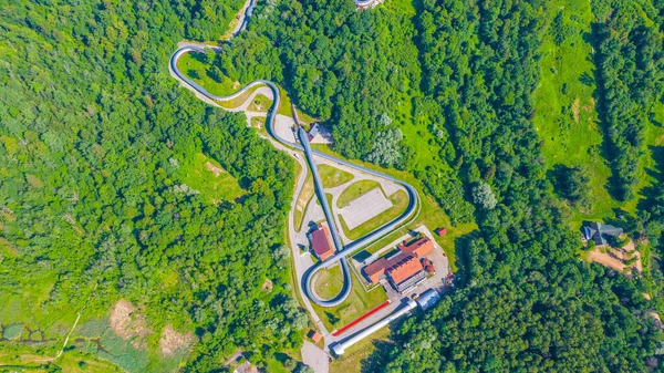 Prachtige Panoramische Luchtfoto Van Vliegende Drone Sigulda Bobsleigh Luge Track — Stockfoto