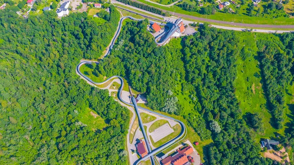 Gyönyörű Panoráma Légi Felvétel Repülő Drón Sigulda Bobsleigh Luge Pálya — Stock Fotó