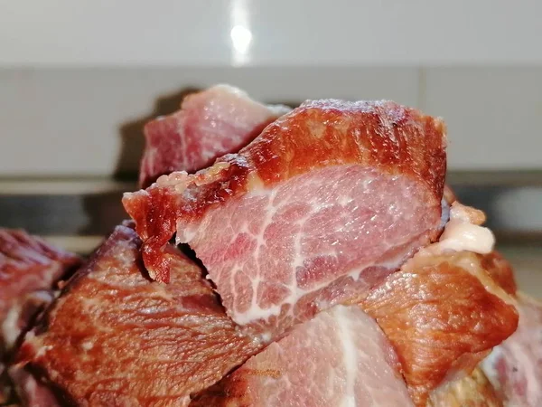 Primer Plano Carne Cerdo Embutidos Ahumados Rumanía —  Fotos de Stock