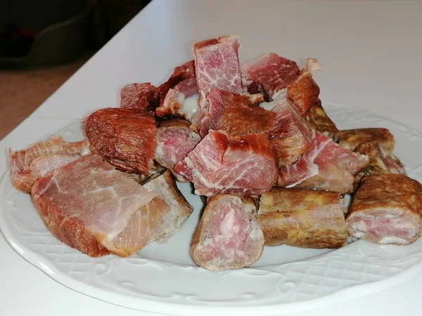 Primer Plano Carne Cerdo Embutidos Ahumados Rumanía —  Fotos de Stock