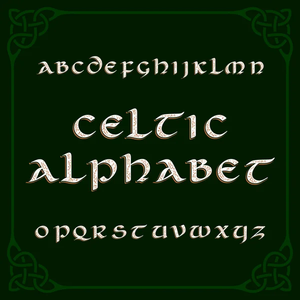 Celtic alphabet font. Distressed letters and knot frame. — Stock Vector