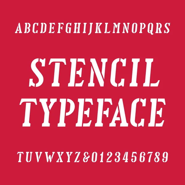 Stencil alphabet font. Serif type oblique letters and numbers. — Stock Vector