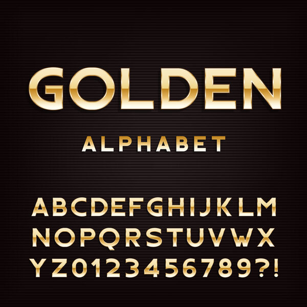 Golden alphabet font. Metal effect letters and numbers.