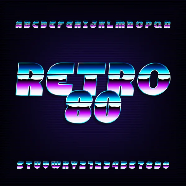 Fonte do alfabeto retro dos anos 80. Efeito metálico letras e números . —  Vetores de Stock