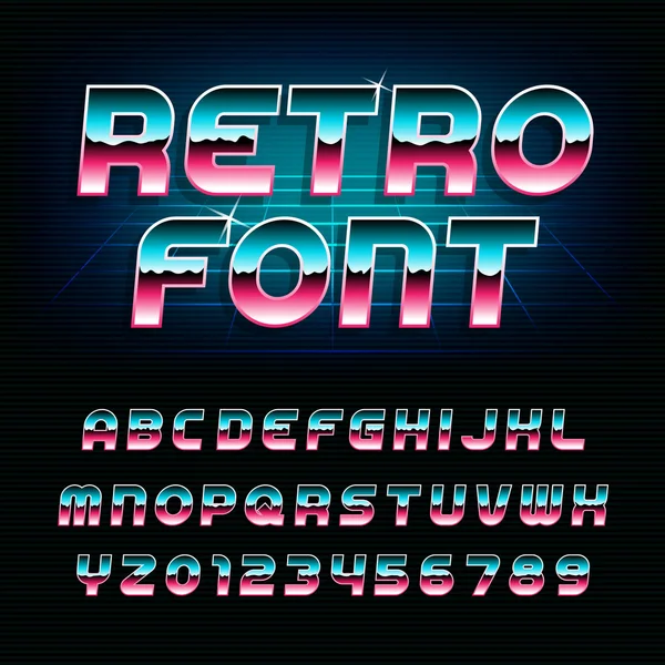 80-talls alfabet-font. Lysende, skrå bokstaver og tall med metallvirkning . – stockvektor