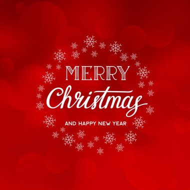 Kar taneleri ile kırmızı arka plan üzerinde neşeli Noel ve mutlu yeni yıl metin.