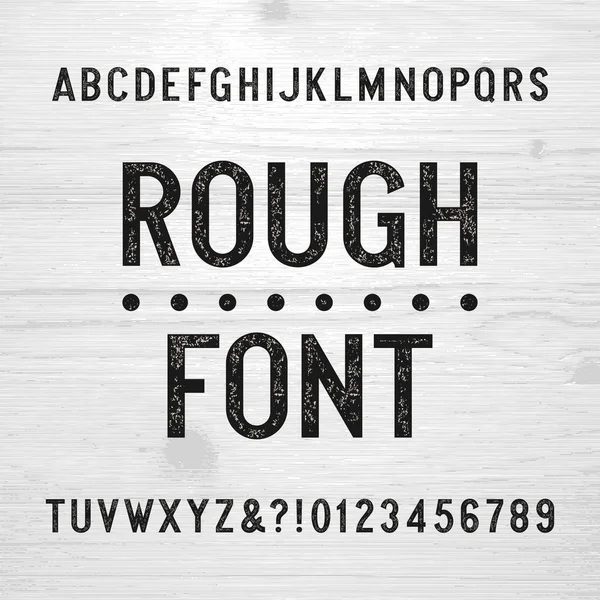 Rough alphabet font. Scratched type letters and numbers on a wooden background. — Stock Vector