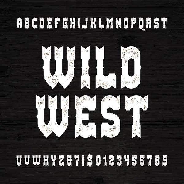Wild West betűtípus. Vintage ábécé. Durva betűk és számok a grunge fából készült háttér. — Stock Vector