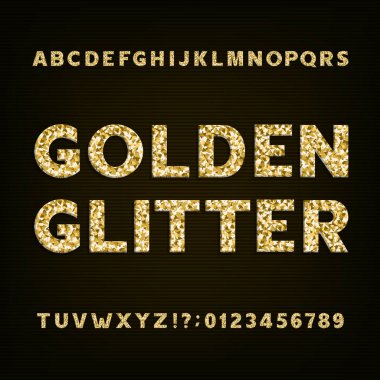 Altın glitter alfabe yazı tipi. Koyu harflerle sayıları ve sembolleri.