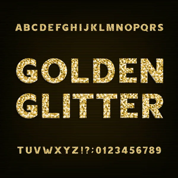 Golden glitter alfabeto fuente. Letras en negrita números y símbolos . — Vector de stock
