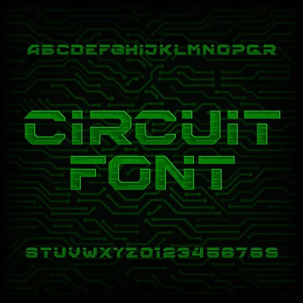 Caratteri vettoriali futuristici dell'alfabeto del circuito stampato. Digitare lettere e numeri su uno sfondo scuro . — Vettoriale Stock