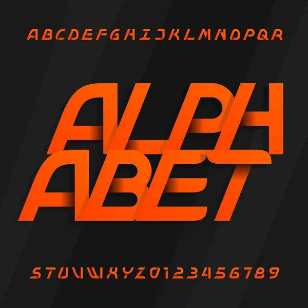 Moderne Alphabet-Vektorschrift. schräge Buchstaben und Zahlen auf dunklem Hintergrund. — Stockvektor