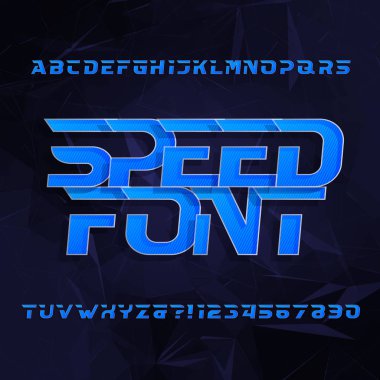 Hız alfabe vektör yazı tipi. Eğik türü harfler ve sayılar. Karanlık bir çokgen zemin üzerine mavi renk. 