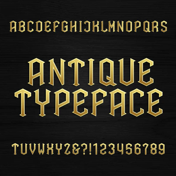 Antieke alfabet vector lettertype. Typ de letters, symbolen en cijfers op een houten achtergrond. — Stockvector