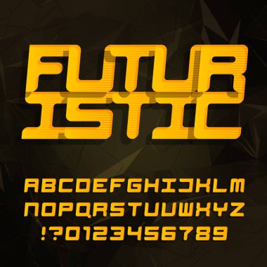 Fütüristik dekoratif alfabe yazı. Eğik türü harf ve rakam poligonal bir arka plan üzerinde. Vektör yazı tipi. 