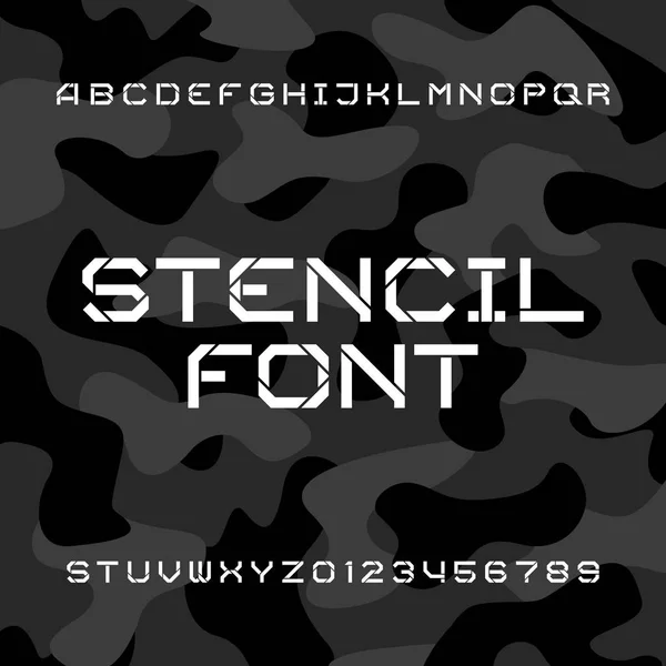 Stencil alphabet font. Tough type letters and numbers on a camo background. — Stock Vector