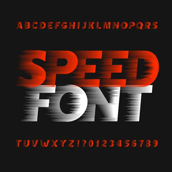 Speed alphabet font. Wind effect type letters and numbers on a dark background. — Stock Vector