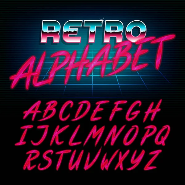 80 's retro alfabet lettertype. Gloed effect glanzende brieven. — Stockvector