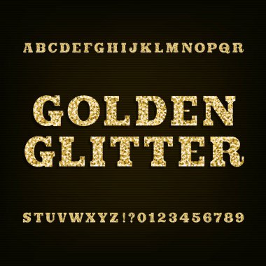 Altın glitter alfabe yazı tipi. Levha serif harfler sayıları ve sembolleri.