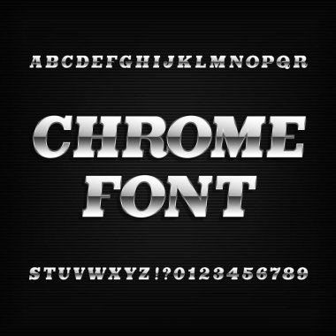 Krom alfabe yazı tipi. Metalik etkisi levha serif eğik harf ve rakam karanlık bir arka plan üzerinde.