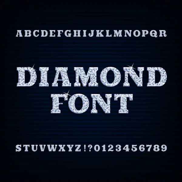 Diamond alphabet font. Brilliant type letters and numbers. — Stock Vector