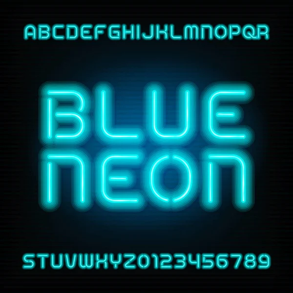 Neon tube alfabetet teckensnitt. Skriv bokstäver och siffror. Blå färg på mörk bakgrund. — Stock vektor