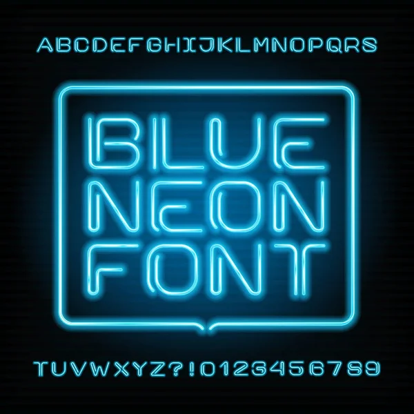 Neon tube alphabet font. Type letters and numbers. Blue color on a dark background. — Stock Vector