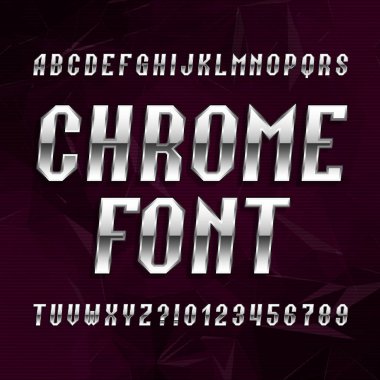Krom alfabe yazı tipi. Metalik etkisi italik harfler ve sayılar poligonal arka plan üzerinde.