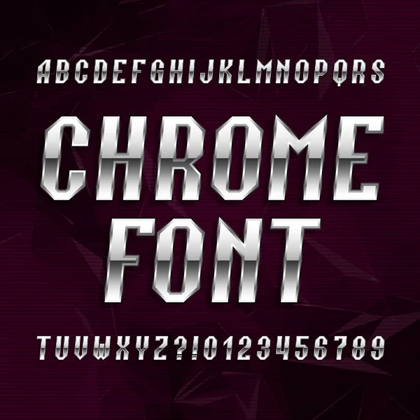 Шрифт Chrome alphabet. Металлический эффект курсив букв и цифр на абстрактном многоугольном фоне . — стоковый вектор