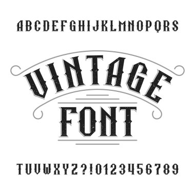 Vintage alfabe. Harf ve rakam Retro sıkıntılı.
